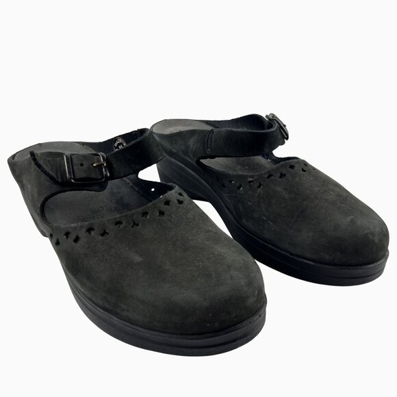 Mephisto Womens 40  Black Suede Mary Jane Clogs Adjust Strap Perforated Pattern - Picture 4 of 12